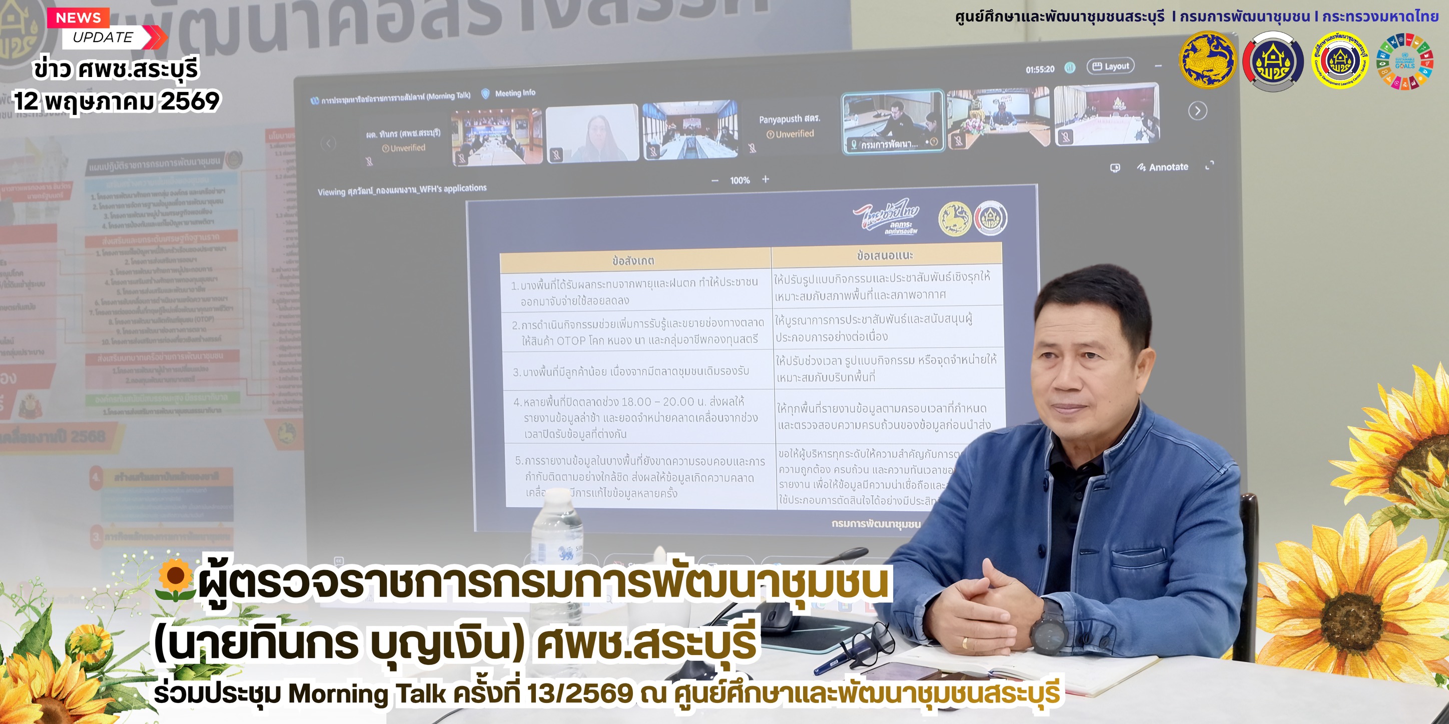 🌻ผู้ตรวจราชการกรมการพัฒนาชุมชน (นายทินกร บุญเงิน) ศพช.สระบุรี ร่วมประชุม Morning Talk ครั้งที่ 13/2569