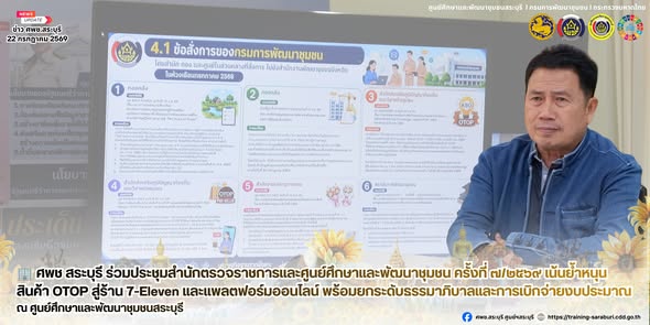 🏢 ศพช สระบุรี ร่วมประชุมสำนักตรวจราชการและศูนย์ศึกษาและพัฒนาชุมชน ครั้งที่ ๗/๒๕๖๙ เน้นย้ำหนุนสินค้า OTOP สู่ร้าน 7-Eleven และแพลตฟอร์มออนไลน์ พร้อมยกระดับธรรมาภิบาลและการเบิกจ่ายงบประมาณ